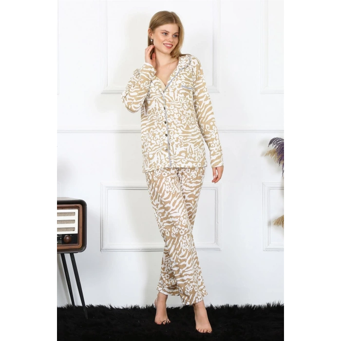 Moda Çizgi Kadın Penye Uzun Kol Önden Düğmeli Pijama Takım 2780