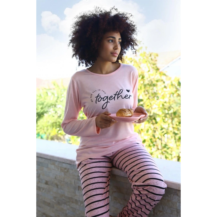 Moda Çizgi Kadın Penye Uzun Kol Pijama Takım 4190