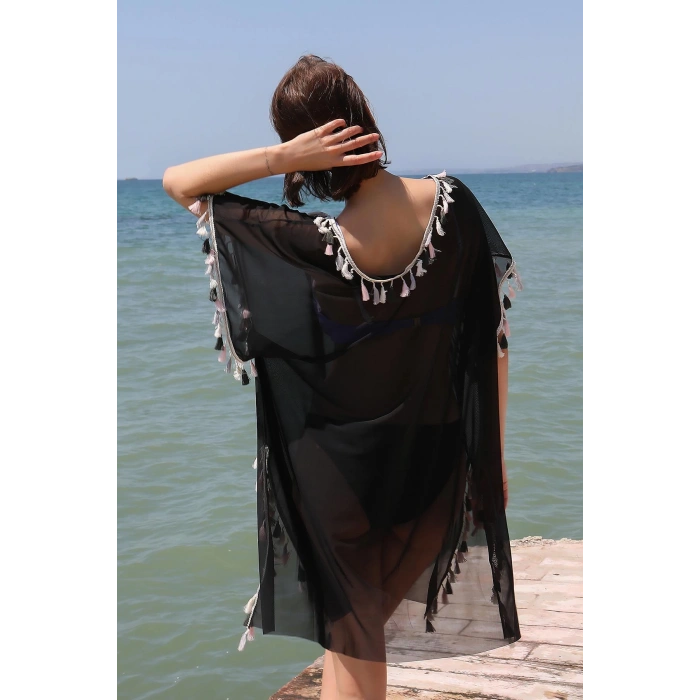 Moda Çizgi Kadın Püsküllü Tunik Pareo Plaj Elbisesi Siyah 38047