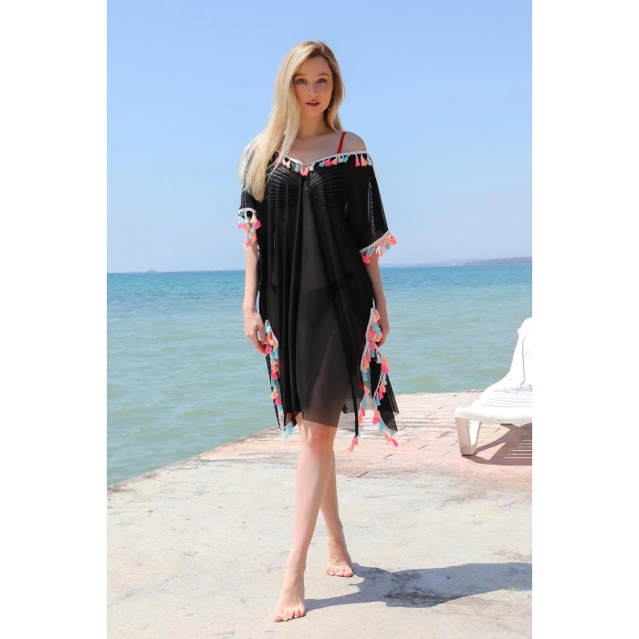 Moda Çizgi Kadın Püsküllü Tunik Pareo Plaj Elbisesi Siyah 38048