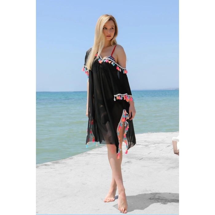 Moda Çizgi Kadın Püsküllü Tunik Pareo Plaj Elbisesi Siyah 38048