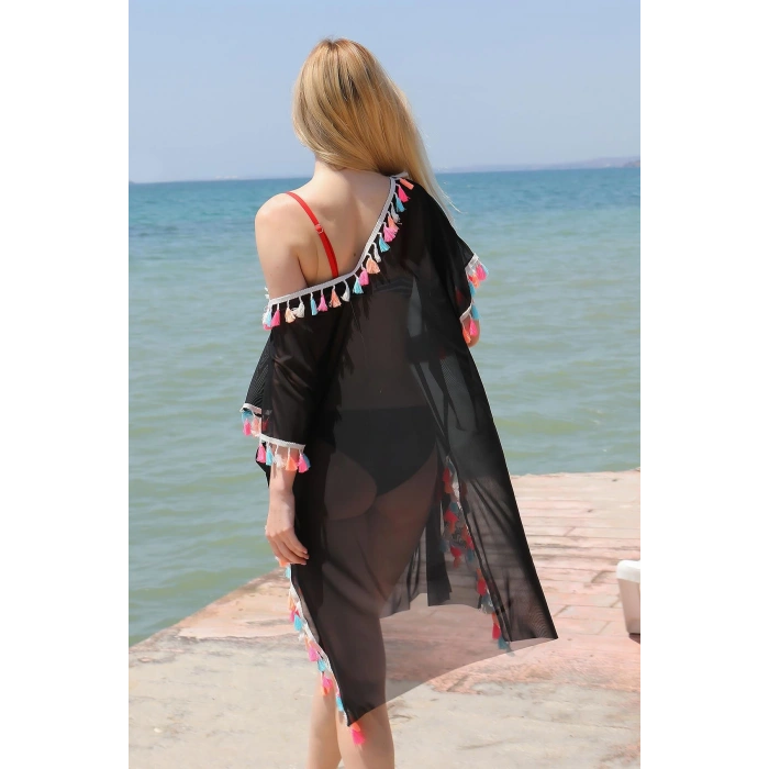 Moda Çizgi Kadın Püsküllü Tunik Pareo Plaj Elbisesi Siyah 38048