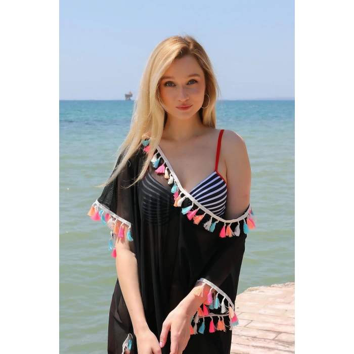 Moda Çizgi Kadın Püsküllü Tunik Pareo Plaj Elbisesi Siyah 38048