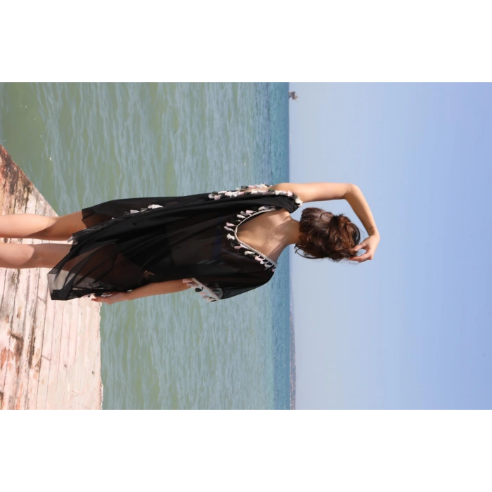 Moda Çizgi Kadın Püsküllü Tunik Pareo Plaj Elbisesi Siyah 38050