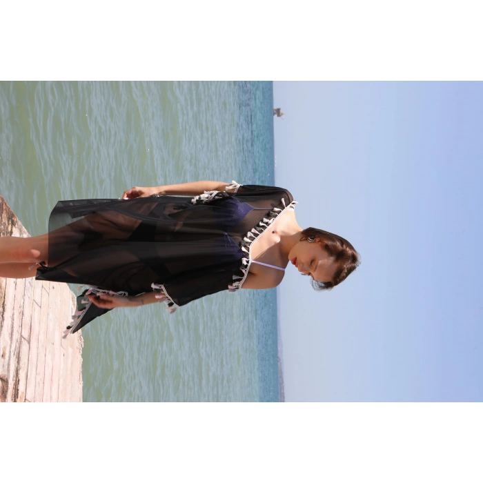 Moda Çizgi Kadın Püsküllü Tunik Pareo Plaj Elbisesi Siyah 38050