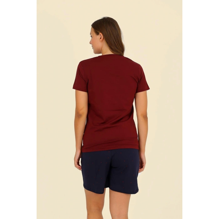 Moda Çizgi Kadın Şortlu Kısa Kol Penye Pijama Takım Bordo 3622