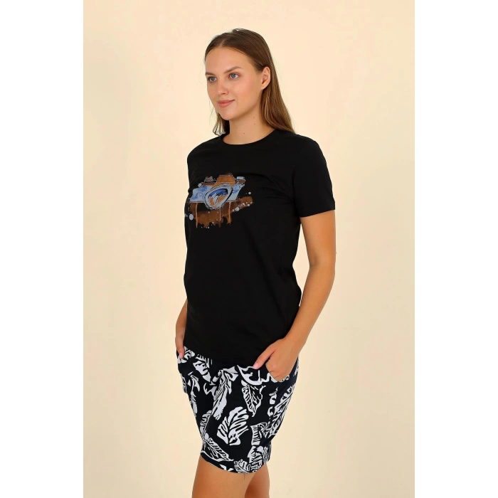 Moda Çizgi Kadın Şortlu Kısa Kol Penye Pijama Takım Siyah 3622