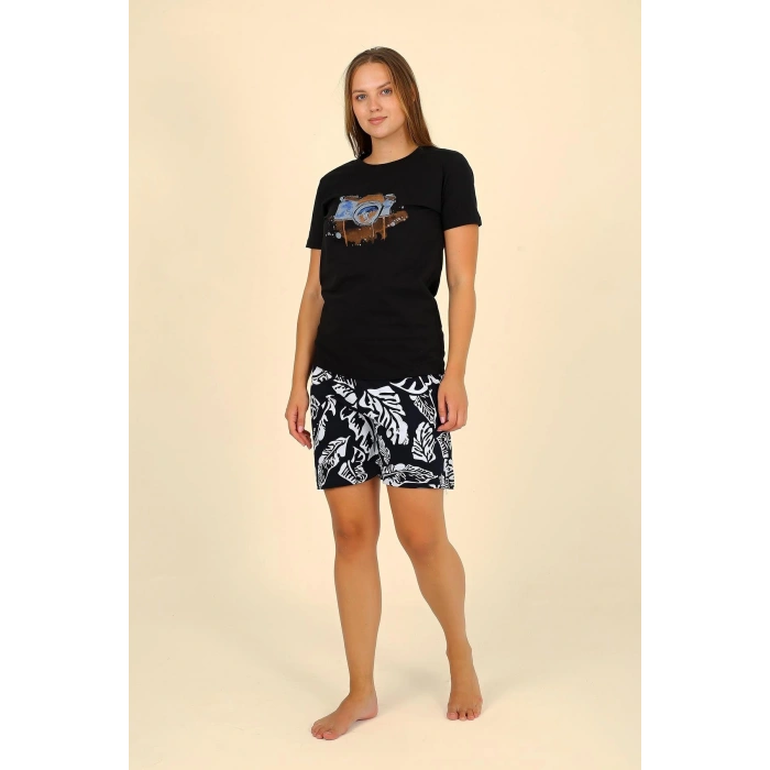 Moda Çizgi Kadın Şortlu Kısa Kol Penye Pijama Takım Siyah 3622