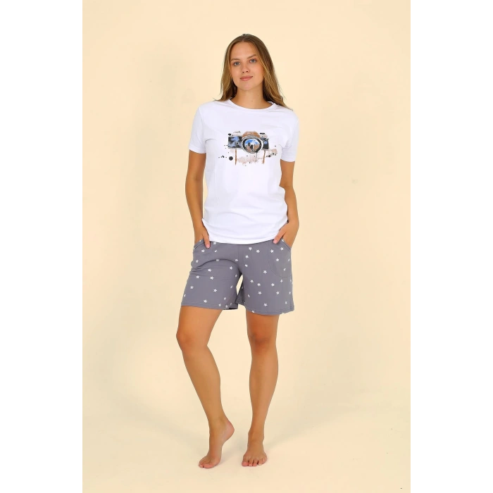 Moda Çizgi Kadın Şortlu Kısa Kol Penye Pijama Takımı Beyaz 3622