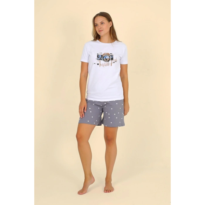 Moda Çizgi Kadın Şortlu Kısa Kol Penye Pijama Takımı Beyaz 3622