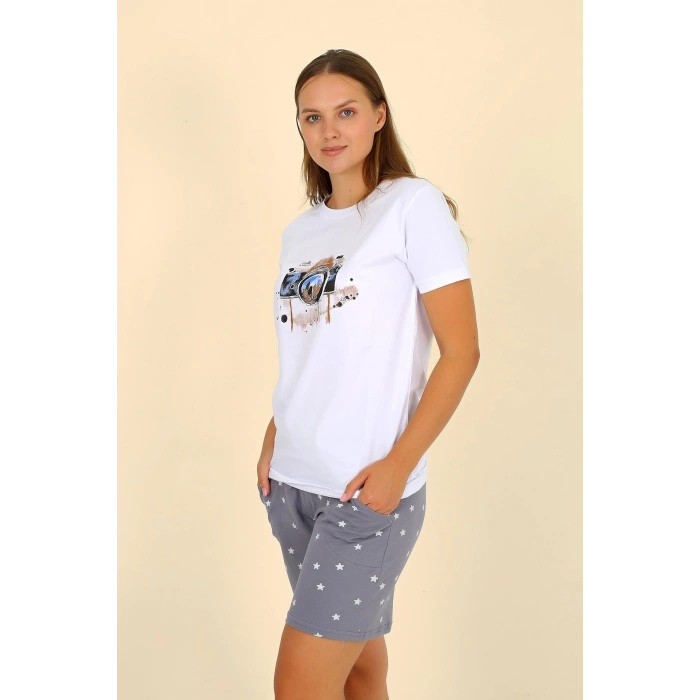 Moda Çizgi Kadın Şortlu Kısa Kol Penye Pijama Takımı Beyaz 3622