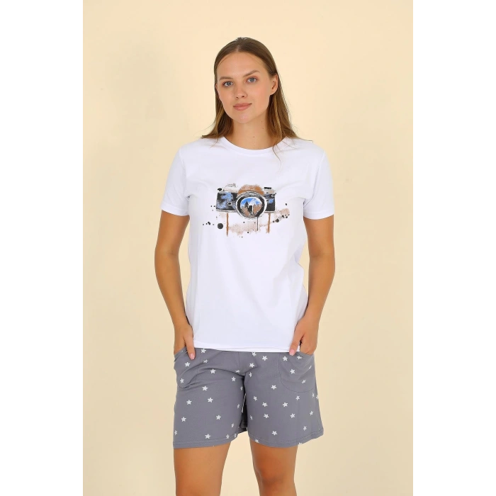 Moda Çizgi Kadın Şortlu Kısa Kol Penye Pijama Takımı Beyaz 3622