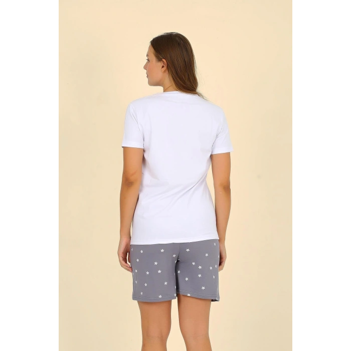 Moda Çizgi Kadın Şortlu Kısa Kol Penye Pijama Takımı Beyaz 3622