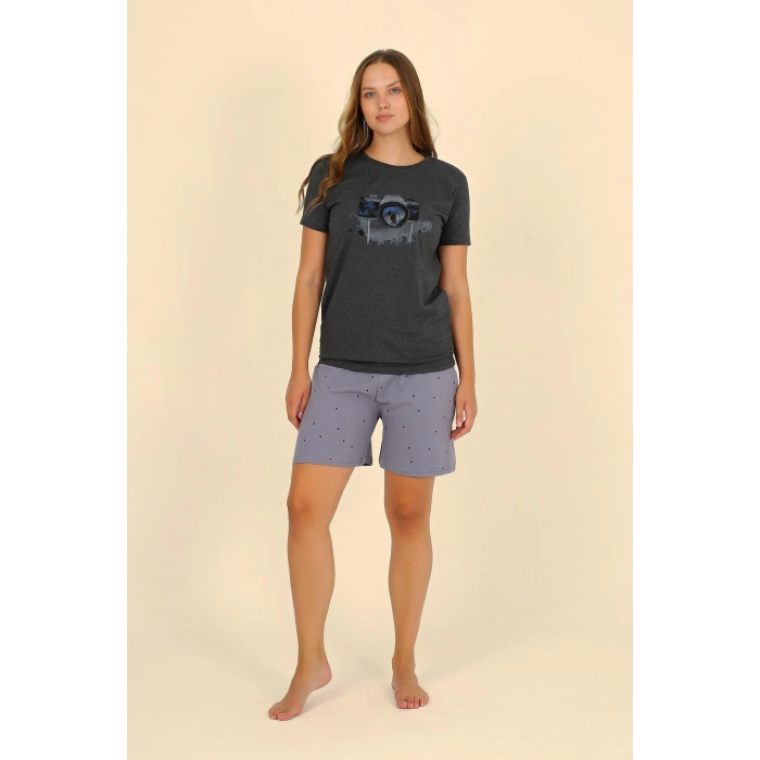 Moda Çizgi Kadın Şortlu Kısa Kol Penye Pijama Takımı Füme 3622