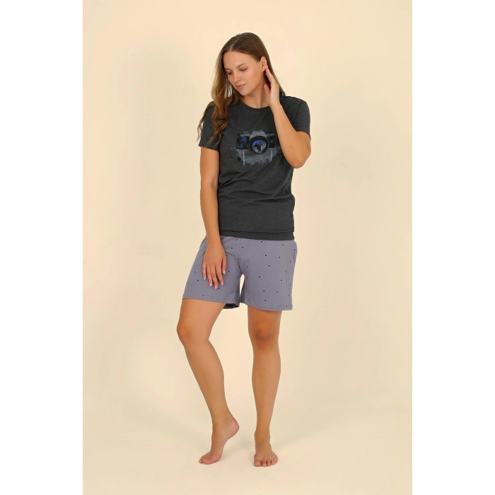 Moda Çizgi Kadın Şortlu Kısa Kol Penye Pijama Takımı Füme 3622