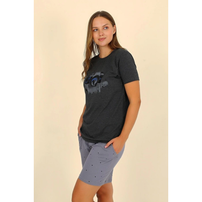 Moda Çizgi Kadın Şortlu Kısa Kol Penye Pijama Takımı Füme 3622
