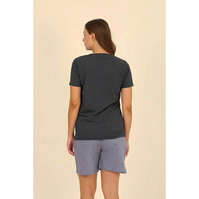Moda Çizgi Kadın Şortlu Kısa Kol Penye Pijama Takımı Füme 3622