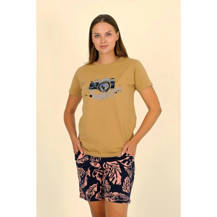 Moda Çizgi Kadın Şortlu Kısa Kol Penye Pijama Takımı Hardal 3622