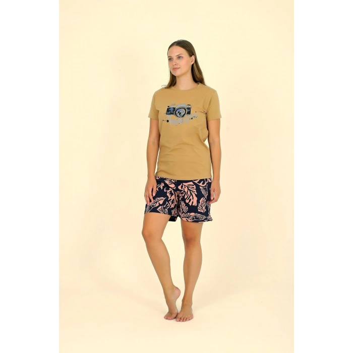 Moda Çizgi Kadın Şortlu Kısa Kol Penye Pijama Takımı Hardal 3622