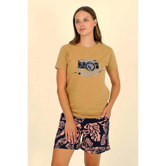 Moda Çizgi Kadın Şortlu Kısa Kol Penye Pijama Takımı Hardal 3622