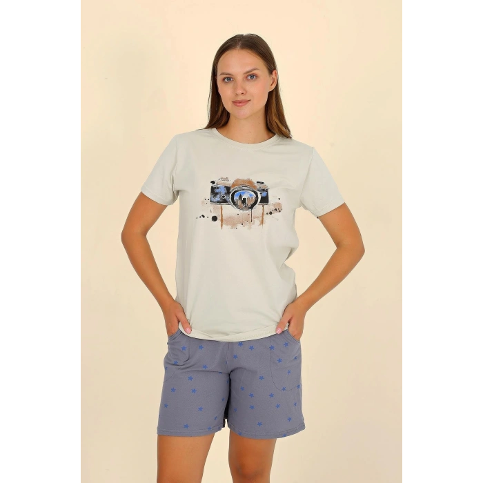 Moda Çizgi Kadın Şortlu Kısa Kol Penye Pijama Takımı Krem 3622