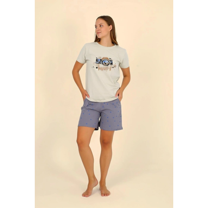 Moda Çizgi Kadın Şortlu Kısa Kol Penye Pijama Takımı Krem 3622