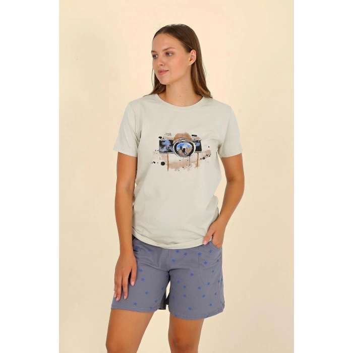 Moda Çizgi Kadın Şortlu Kısa Kol Penye Pijama Takımı Krem 3622