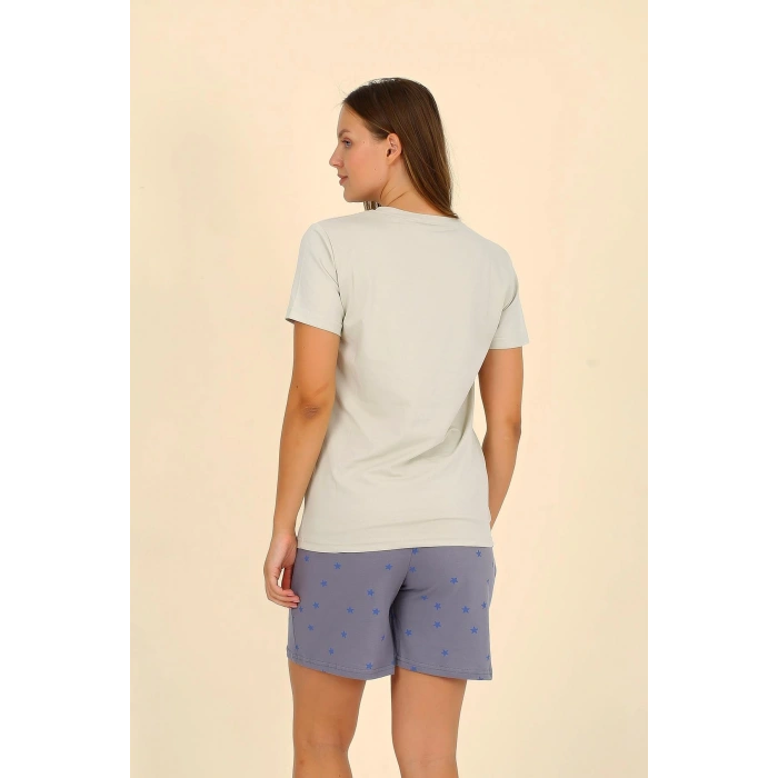 Moda Çizgi Kadın Şortlu Kısa Kol Penye Pijama Takımı Krem 3622