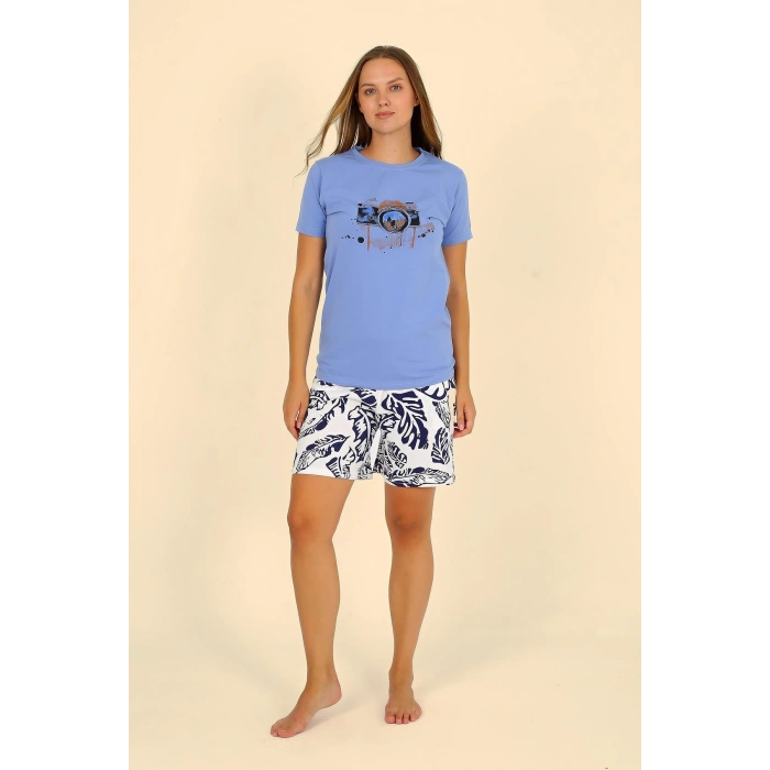 Moda Çizgi Kadın Şortlu Kısa Kol Penye Pijama Takımı Mavi 3622