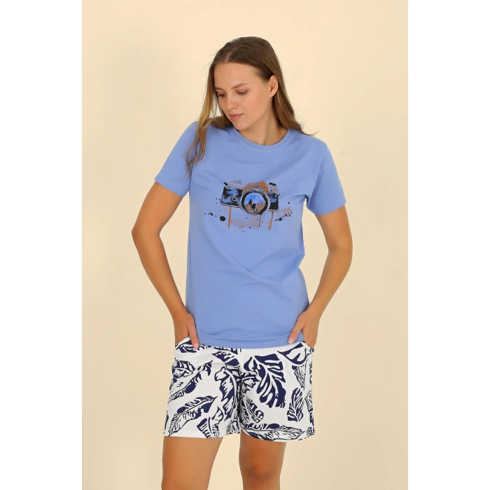 Moda Çizgi Kadın Şortlu Kısa Kol Penye Pijama Takımı Mavi 3622
