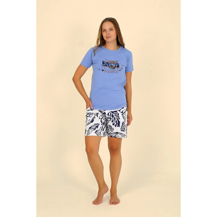 Moda Çizgi Kadın Şortlu Kısa Kol Penye Pijama Takımı Mavi 3622