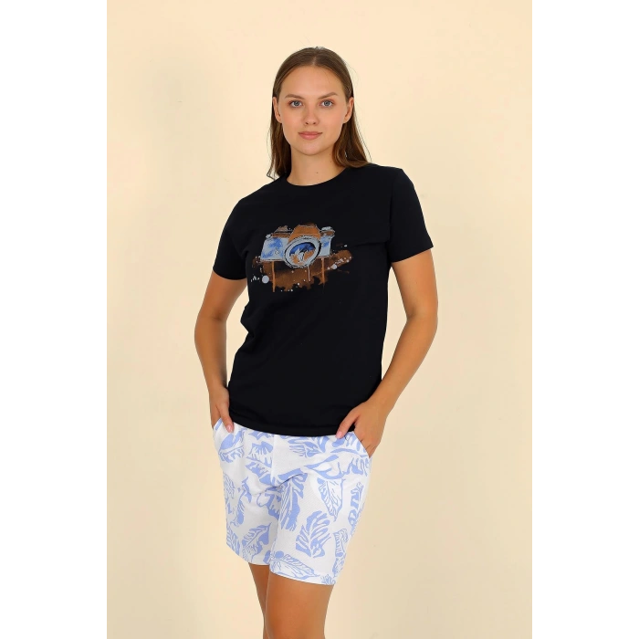 Moda Çizgi Kadın Şortlu Kısa Kol Penye Pijama Takımı Siyah 3624