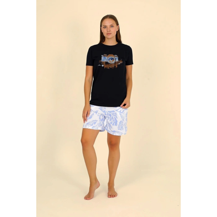 Moda Çizgi Kadın Şortlu Kısa Kol Penye Pijama Takımı Siyah 3624