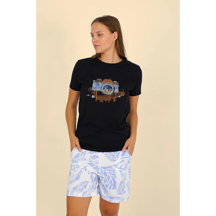 Moda Çizgi Kadın Şortlu Kısa Kol Penye Pijama Takımı Siyah 3624