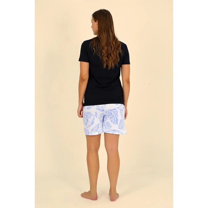 Moda Çizgi Kadın Şortlu Kısa Kol Penye Pijama Takımı Siyah 3624