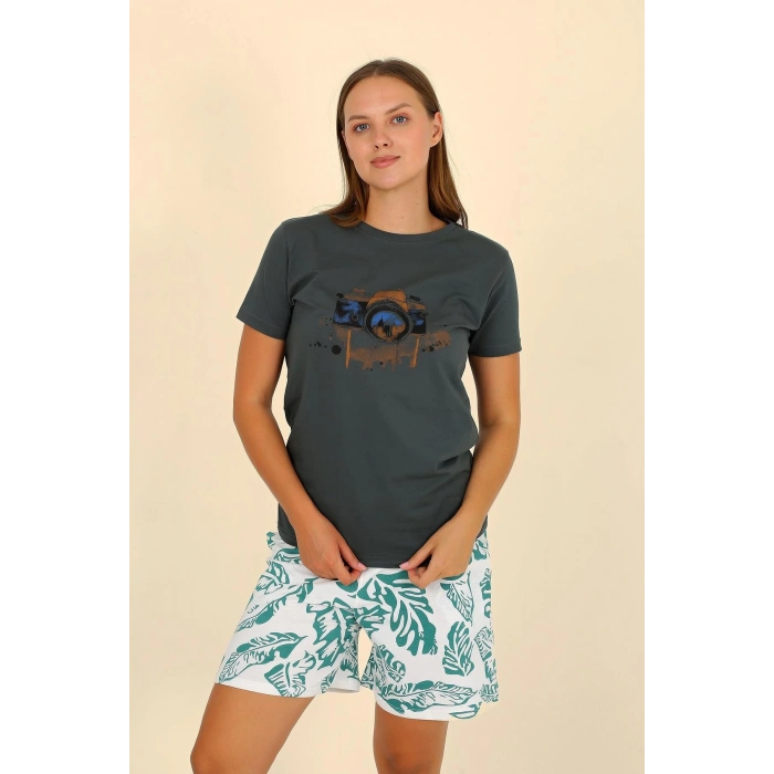 Moda Çizgi Kadın Şortlu Kısa Kol Penye Pijama Takımı Yeşil 3625