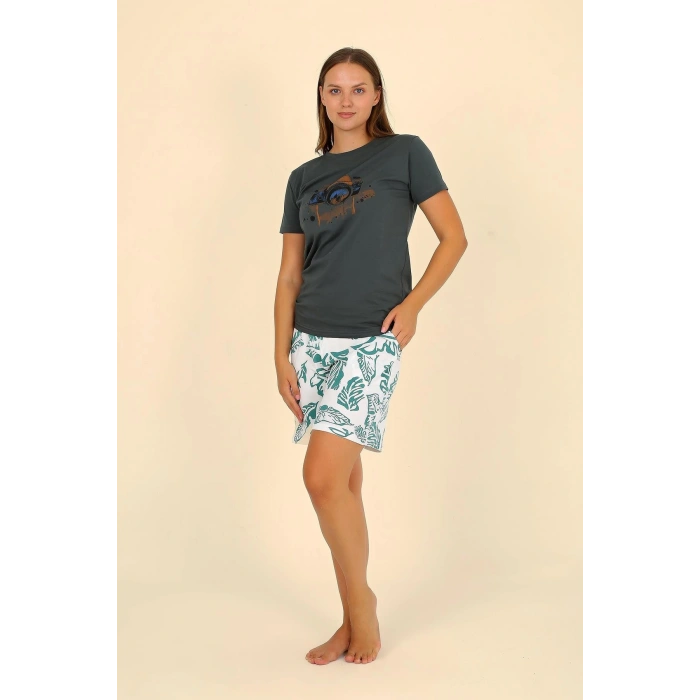 Moda Çizgi Kadın Şortlu Kısa Kol Penye Pijama Takımı Yeşil 3625