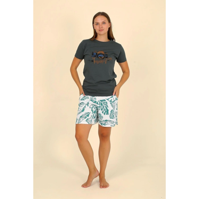 Moda Çizgi Kadın Şortlu Kısa Kol Penye Pijama Takımı Yeşil 3625