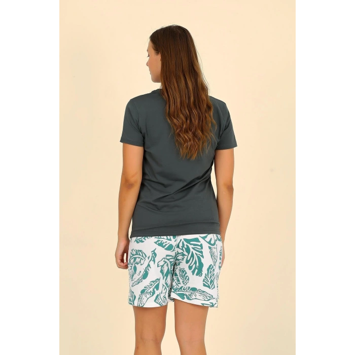 Moda Çizgi Kadın Şortlu Kısa Kol Penye Pijama Takımı Yeşil 3625
