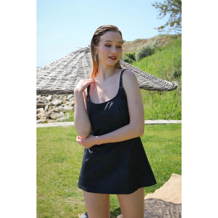 Moda Çizgi Kadın Şortlu Tankini Elbise Mayo Füme 36001