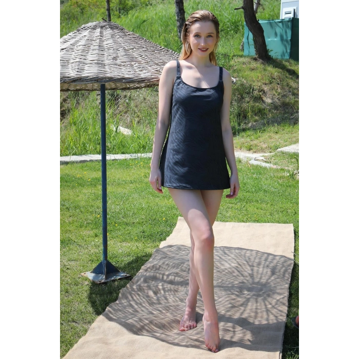 Moda Çizgi Kadın Şortlu Tankini Elbise Mayo Füme 36001