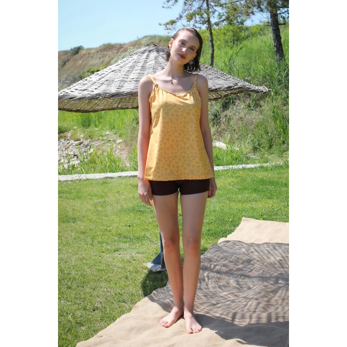 Moda Çizgi Kadın Şortlu Tankini Elbise Mayo Sarı 36001
