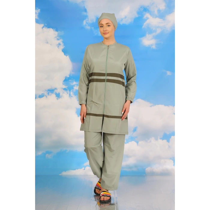 Moda Çizgi Kadın Tam Tesettür Mayo Su Yeşili 31061