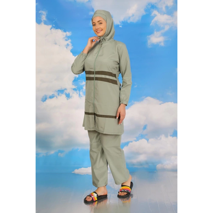 Moda Çizgi Kadın Tam Tesettür Mayo Su Yeşili 31061