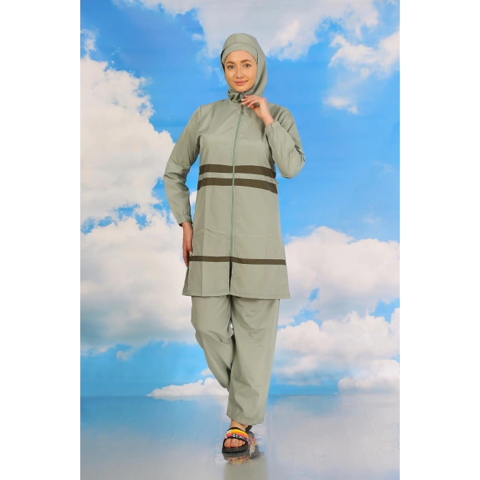 Moda Çizgi Kadın Tam Tesettür Mayo Su Yeşili 31061