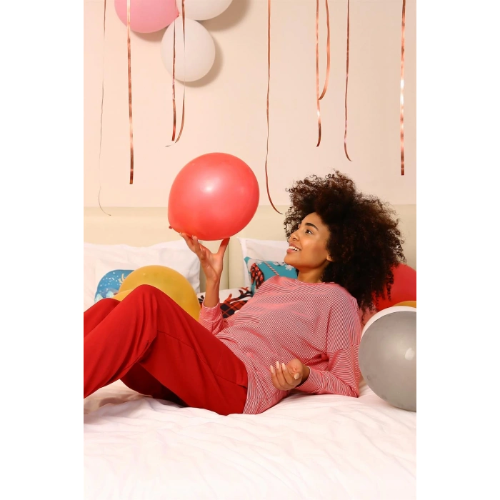 Moda Çizgi Kadın Uzun Kol 3 İplik Penye Pijama Takım 4184