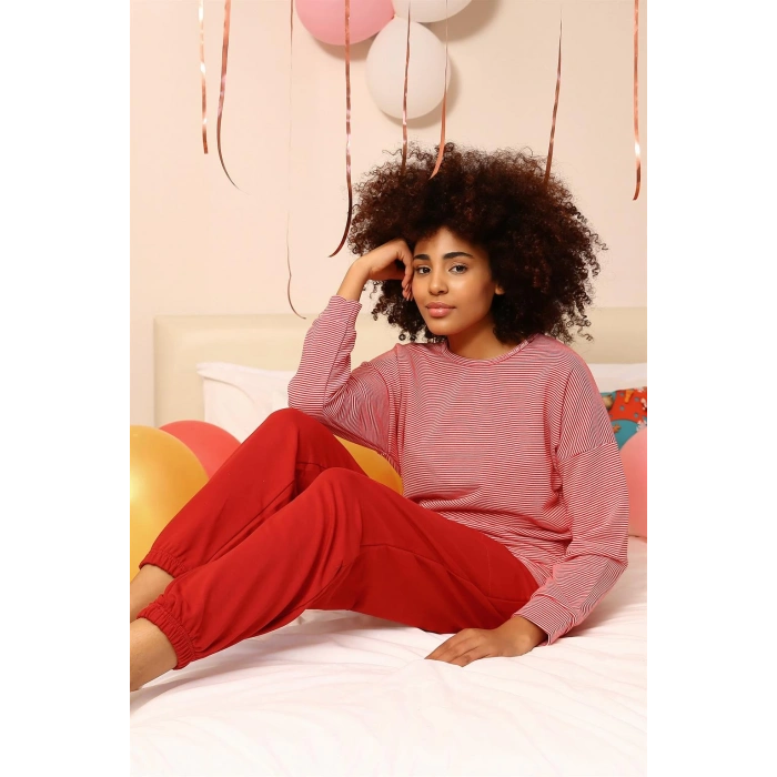 Moda Çizgi Kadın Uzun Kol 3 İplik Penye Pijama Takım 4184