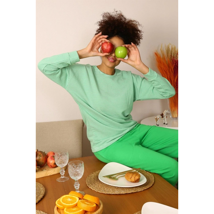 Moda Çizgi Kadın Uzun Kol 3 İplik Penye Pijama Takım 4191