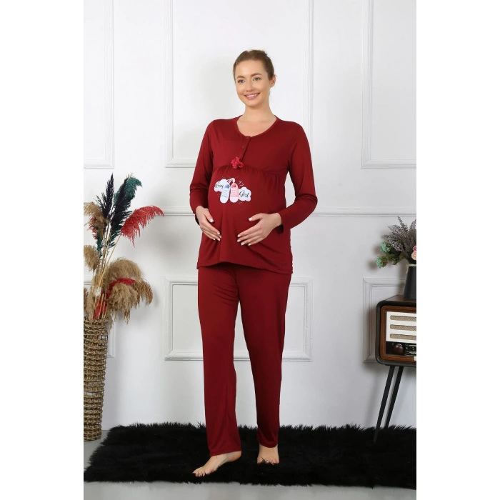 Moda Çizgi Kadın Uzun Kol Hamile Lohusa Pijama Takımı Bordo 45501