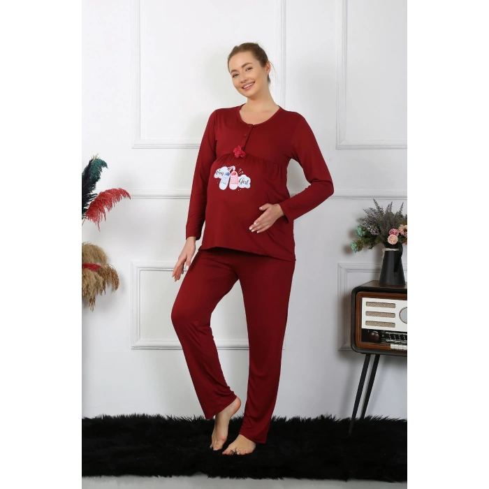Moda Çizgi Kadın Uzun Kol Hamile Lohusa Pijama Takımı Bordo 45501